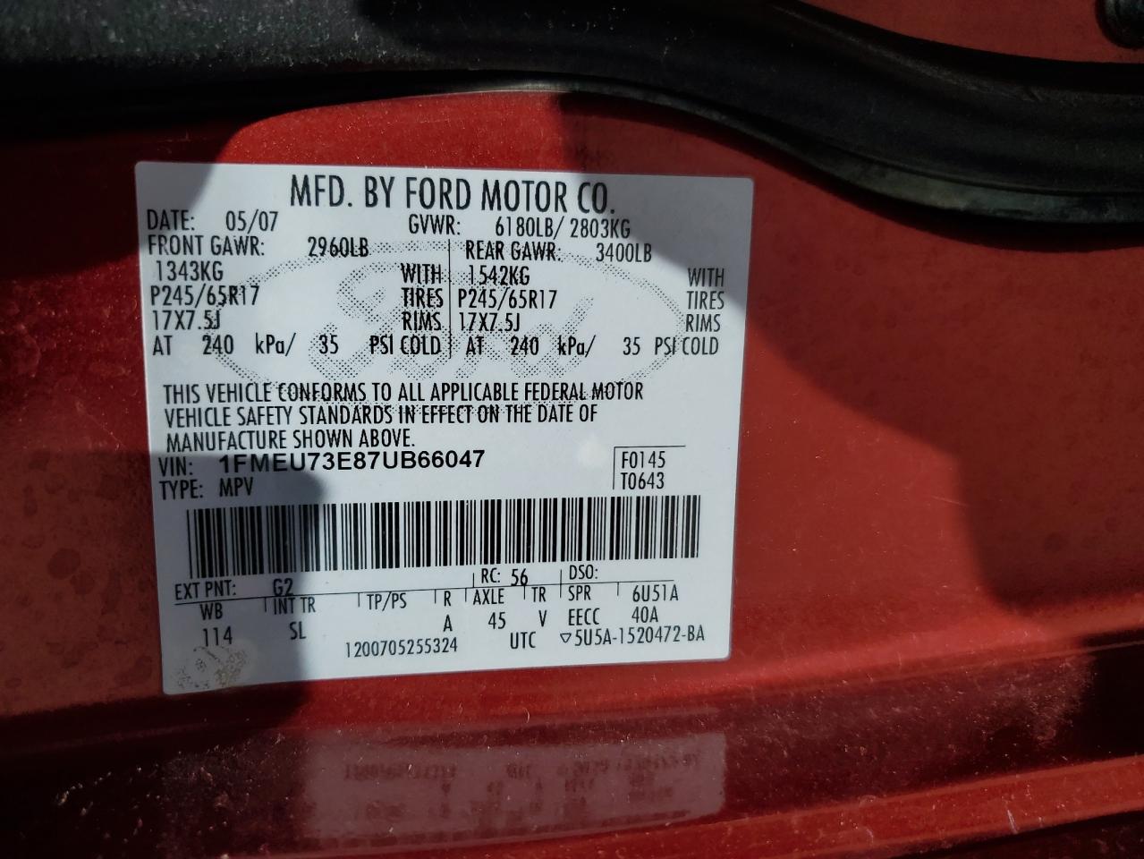2007 Ford Explorer Xlt VIN: 1FMEU73E87UB66047 Lot: 56687345