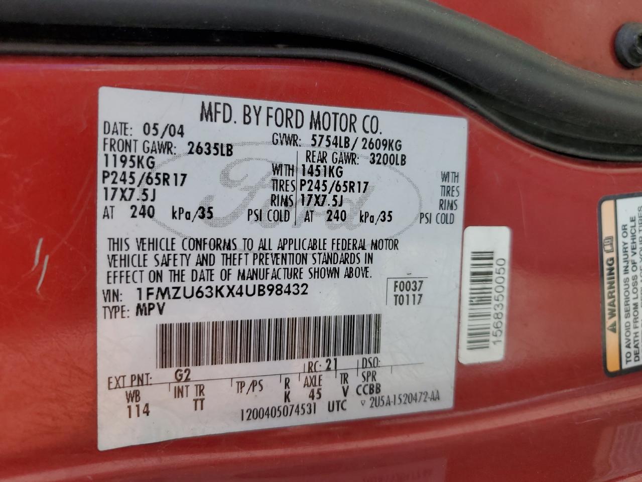 2004 Ford Explorer Xlt VIN: 1FMZU63KX4UB98432 Lot: 58508945