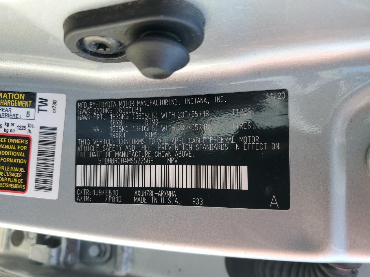 2021 Toyota Highlander Hybrid Xle VIN: 5TDHBRCH4MS522569 Lot: 56089055