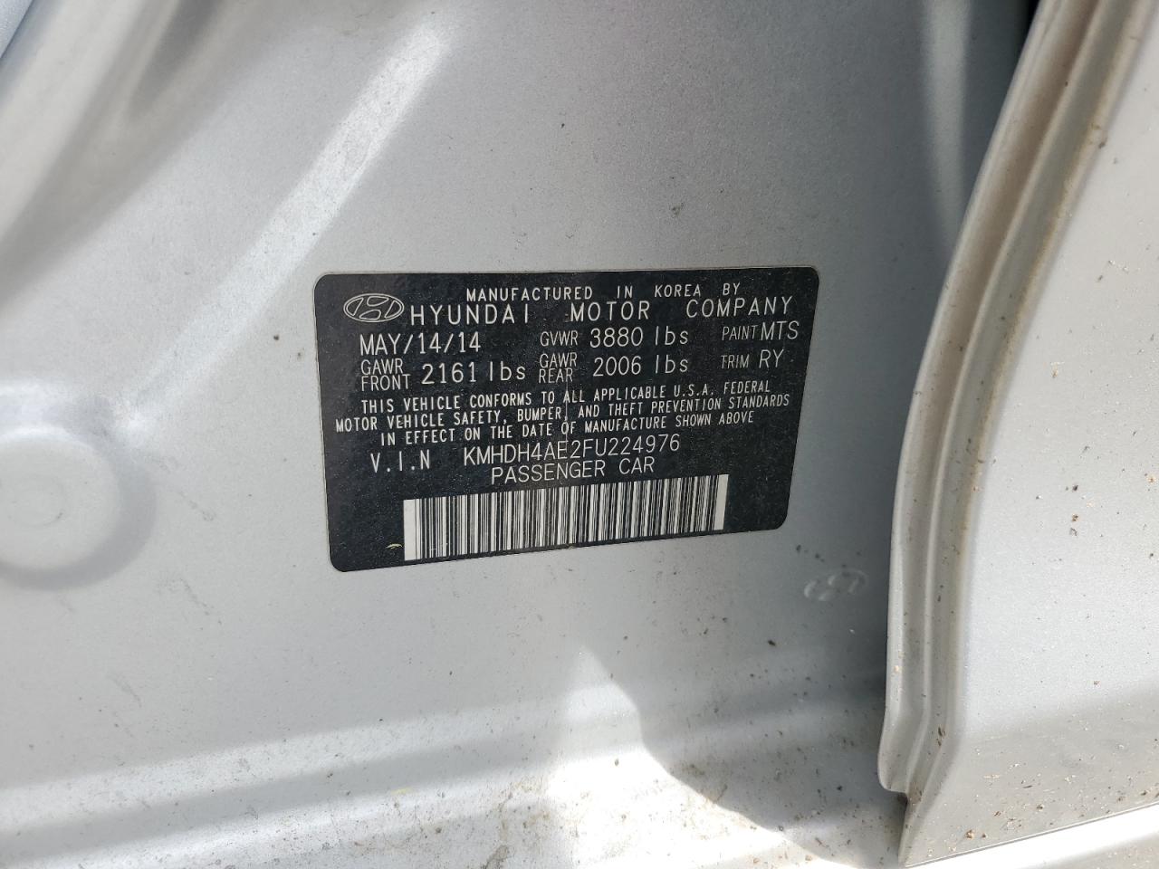 2015 Hyundai Elantra Se VIN: KMHDH4AE2FU224976 Lot: 57090125