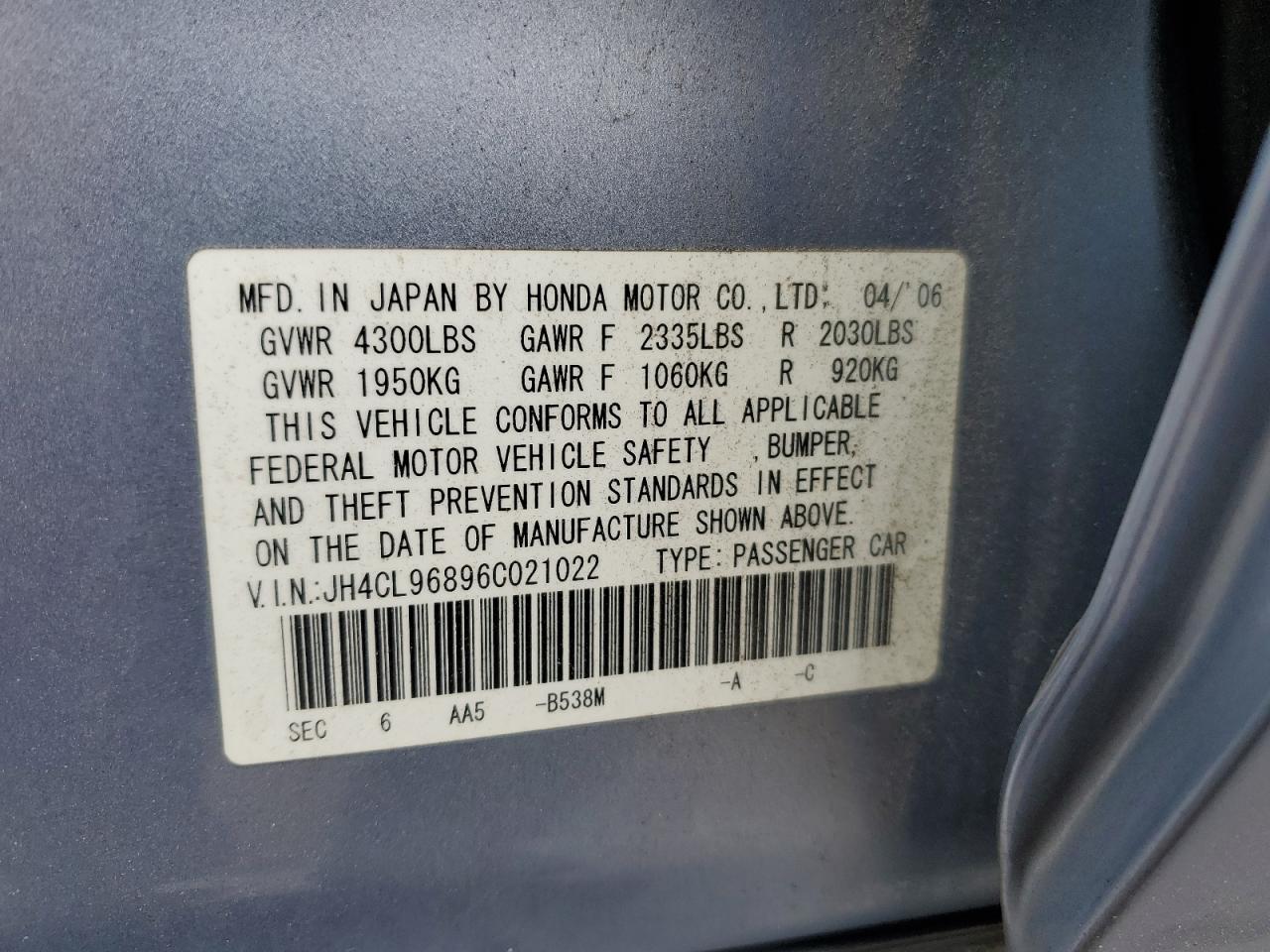 2006 Acura Tsx VIN: JH4CL96896C021022 Lot: 55949815