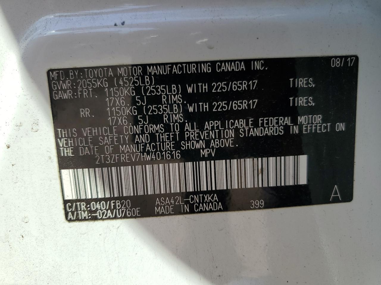 2017 Toyota Rav4 Le VIN: 2T3ZFREV7HW401616 Lot: 56739945