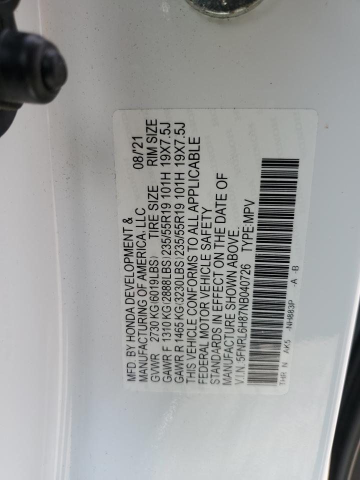 2022 Honda Odyssey Touring VIN: 5FNRL6H87NB040726 Lot: 57038425