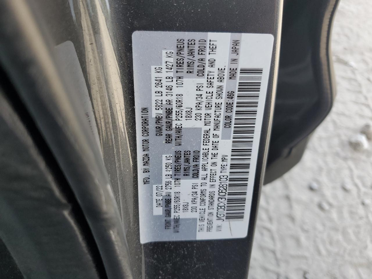 2022 Mazda Cx-9 Touring VIN: JM3TCBCY3N0628103 Lot: 58206805