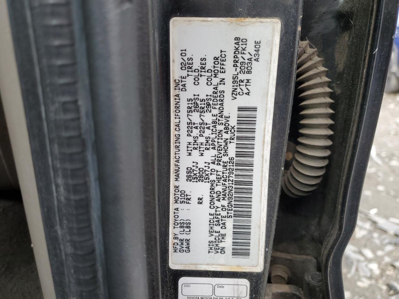 2001 Toyota Tacoma Double Cab Prerunner VIN: 5TEGN92N31Z792126 Lot: 55792765