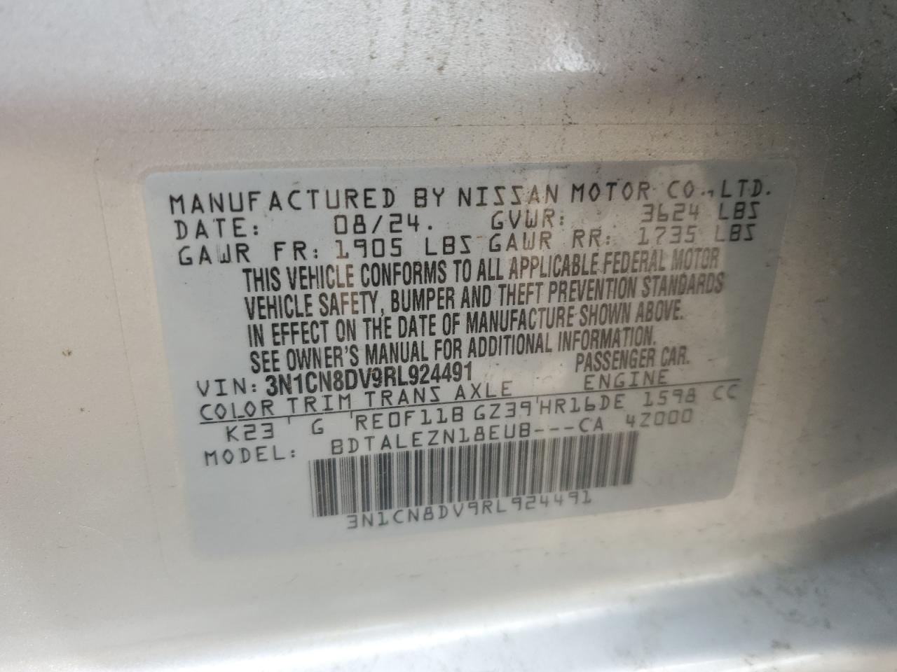 2024 Nissan Versa S VIN: 3N1CN8DV9RL924491 Lot: 57406205