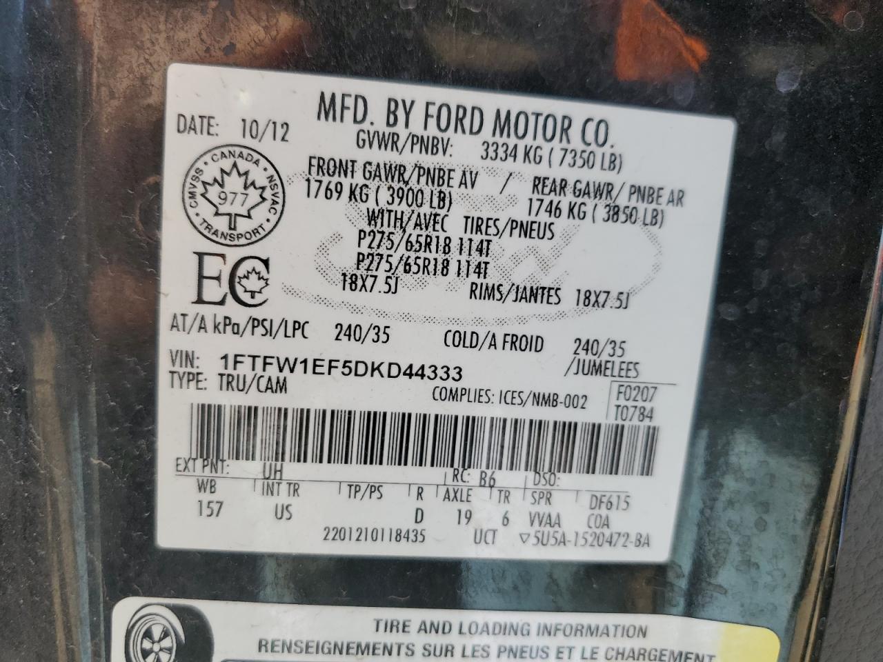2013 Ford F150 Supercrew VIN: 1FTFW1EF5DKD44333 Lot: 56946465