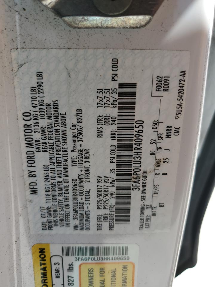 2017 Ford Fusion Se Hybrid VIN: 3FA6P0LU3HR409650 Lot: 57020555