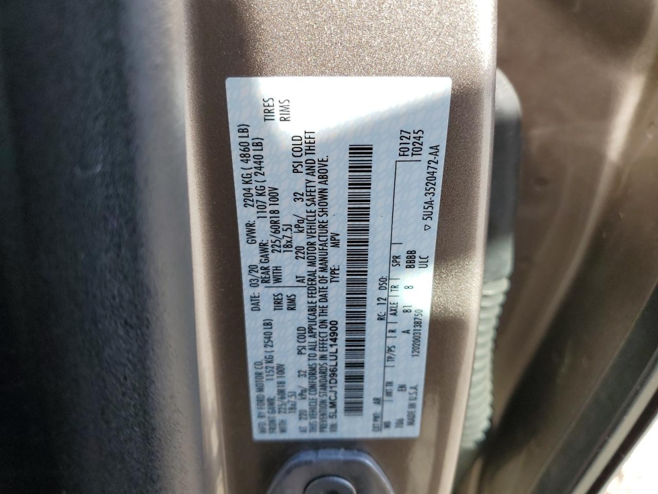 2020 Lincoln Corsair VIN: 5LMCJ1D96LUL14900 Lot: 55324635