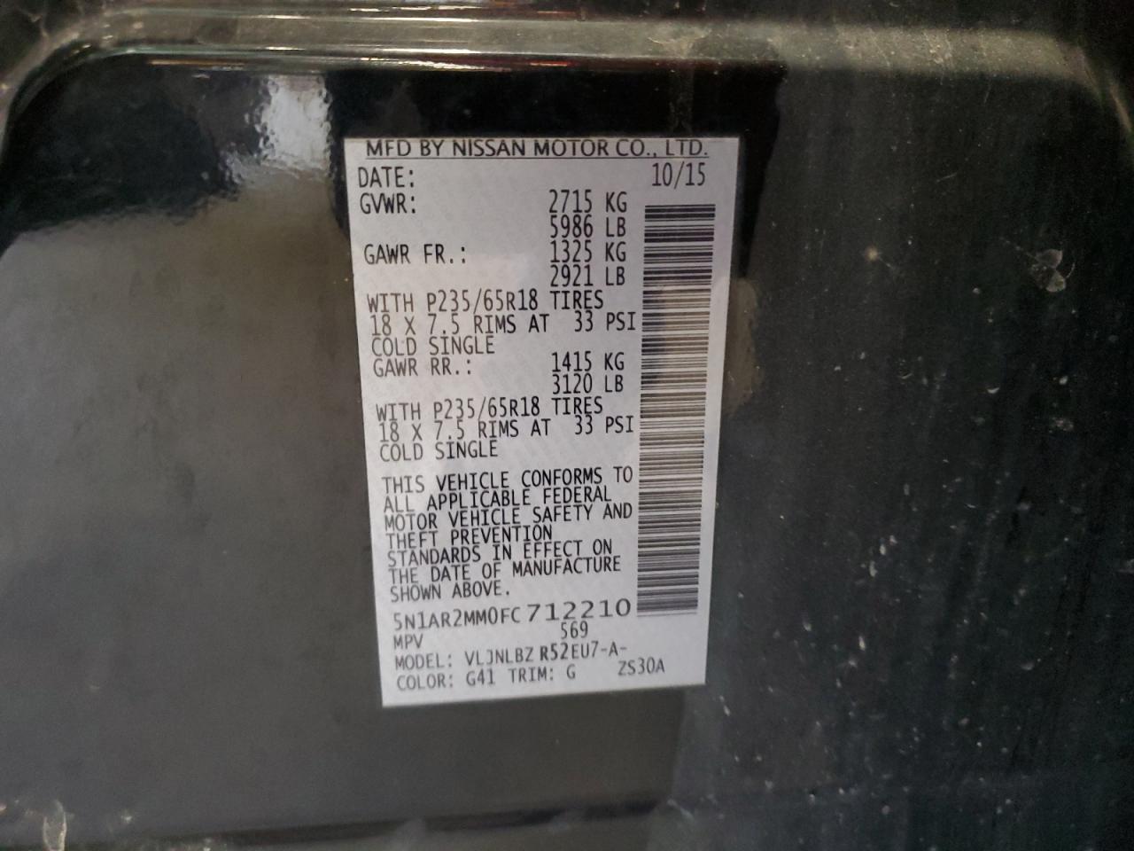 2015 Nissan Pathfinder S VIN: 5N1AR2MM0FC712210 Lot: 57461895