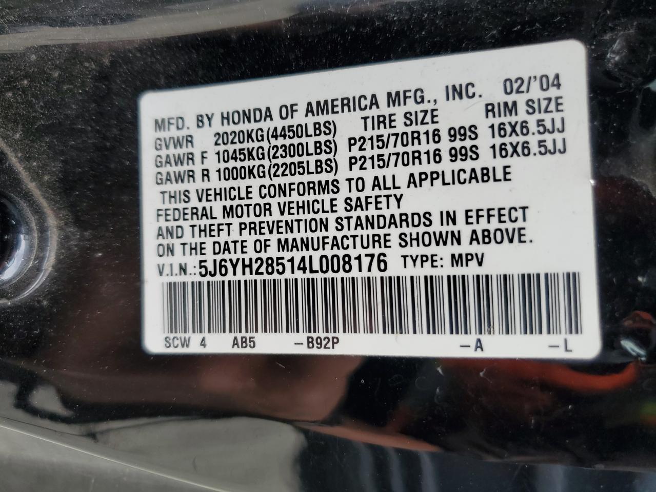 2004 Honda Element Ex VIN: 5J6YH28514L008176 Lot: 57150435