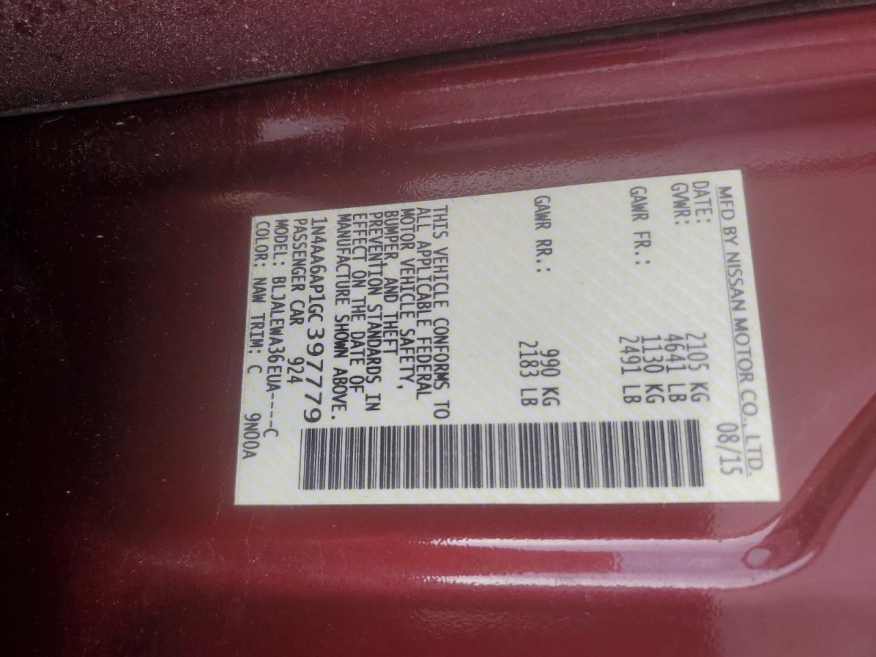 2016 Nissan Maxima 3.5S VIN: 1N4AA6AP1GC397779 Lot: 56851845