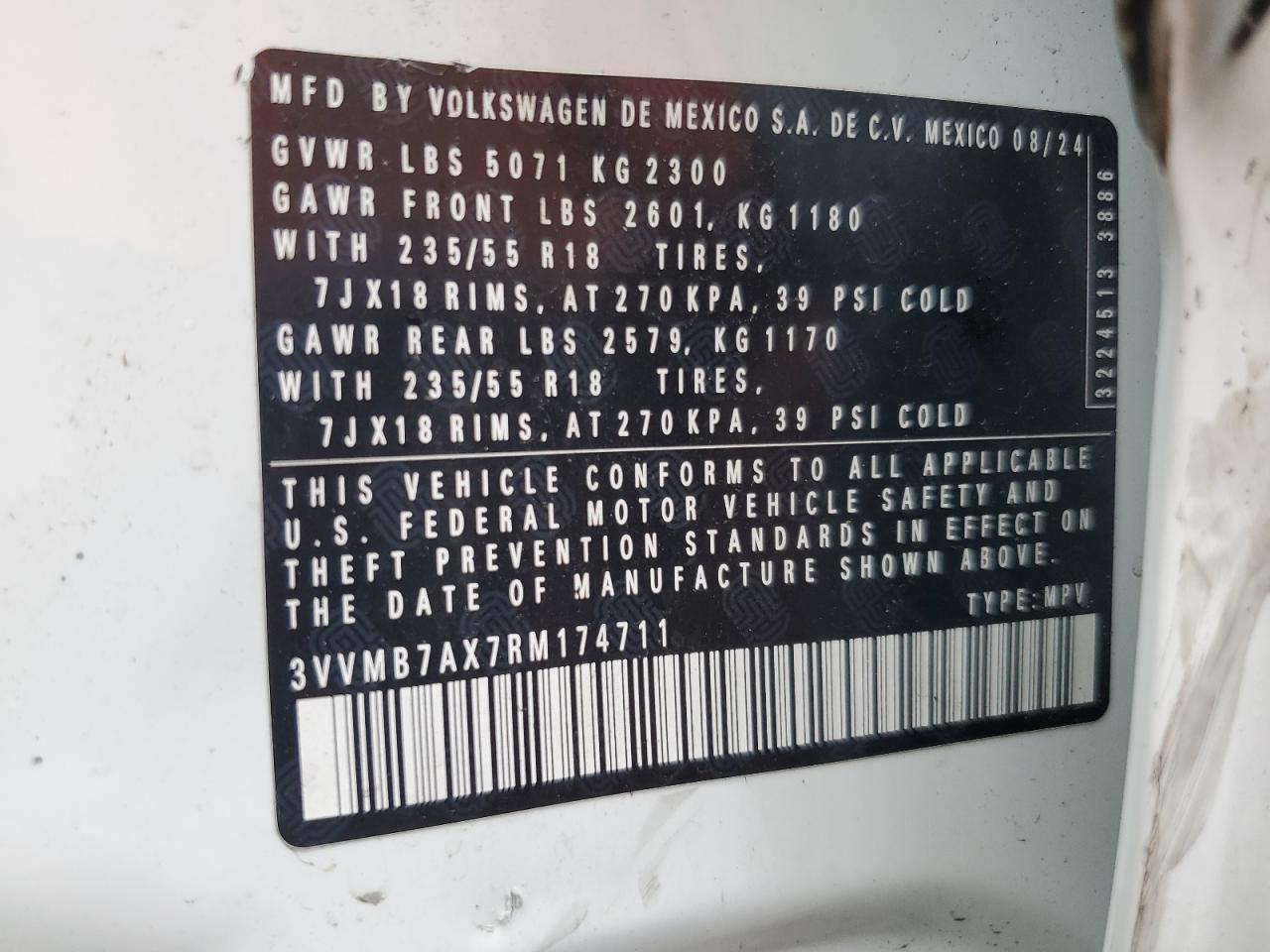 2024 Volkswagen Tiguan Se VIN: 3VVMB7AX7RM174711 Lot: 56781655