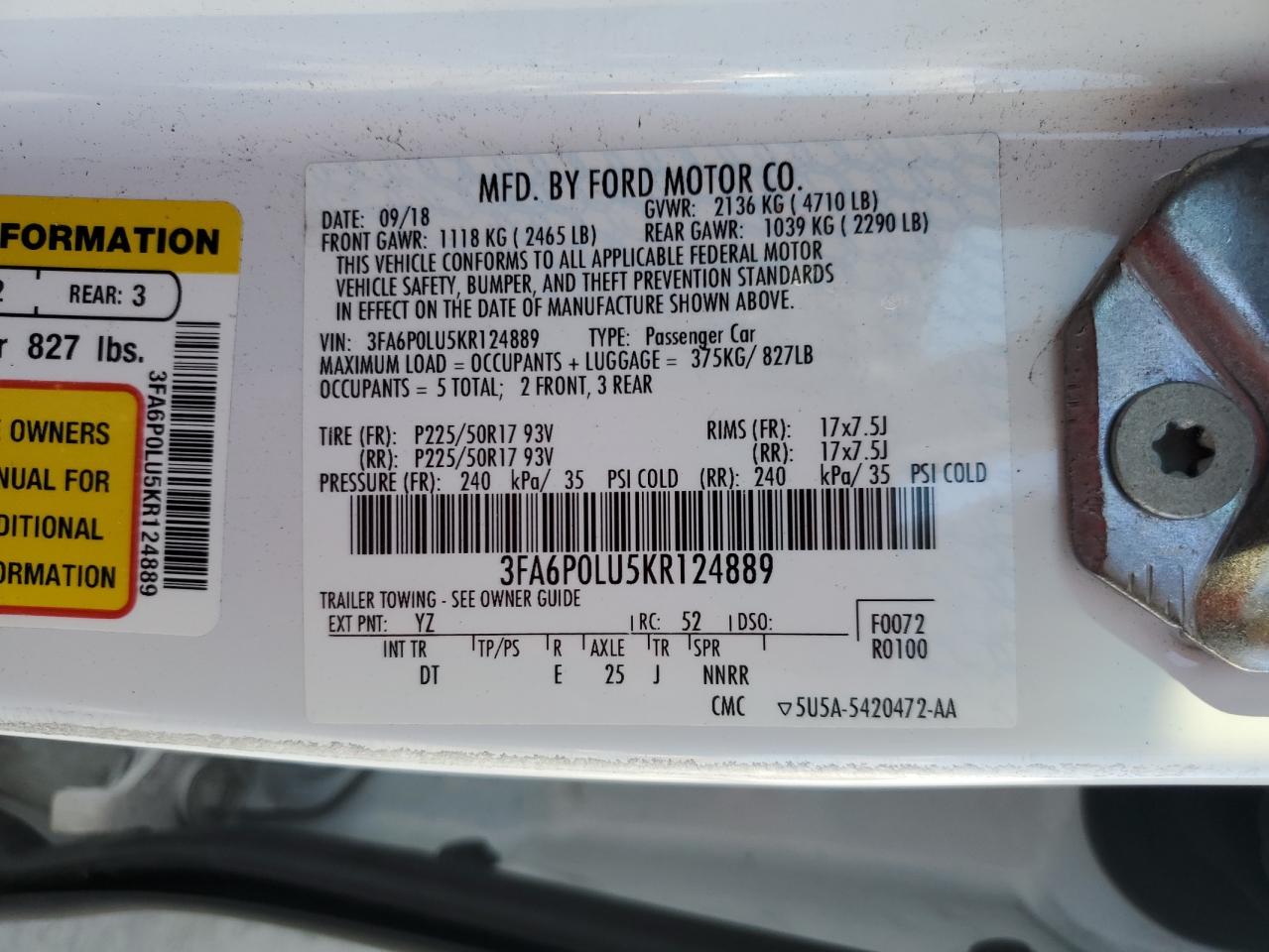 2019 Ford Fusion Se VIN: 3FA6P0LU5KR124889 Lot: 54025565