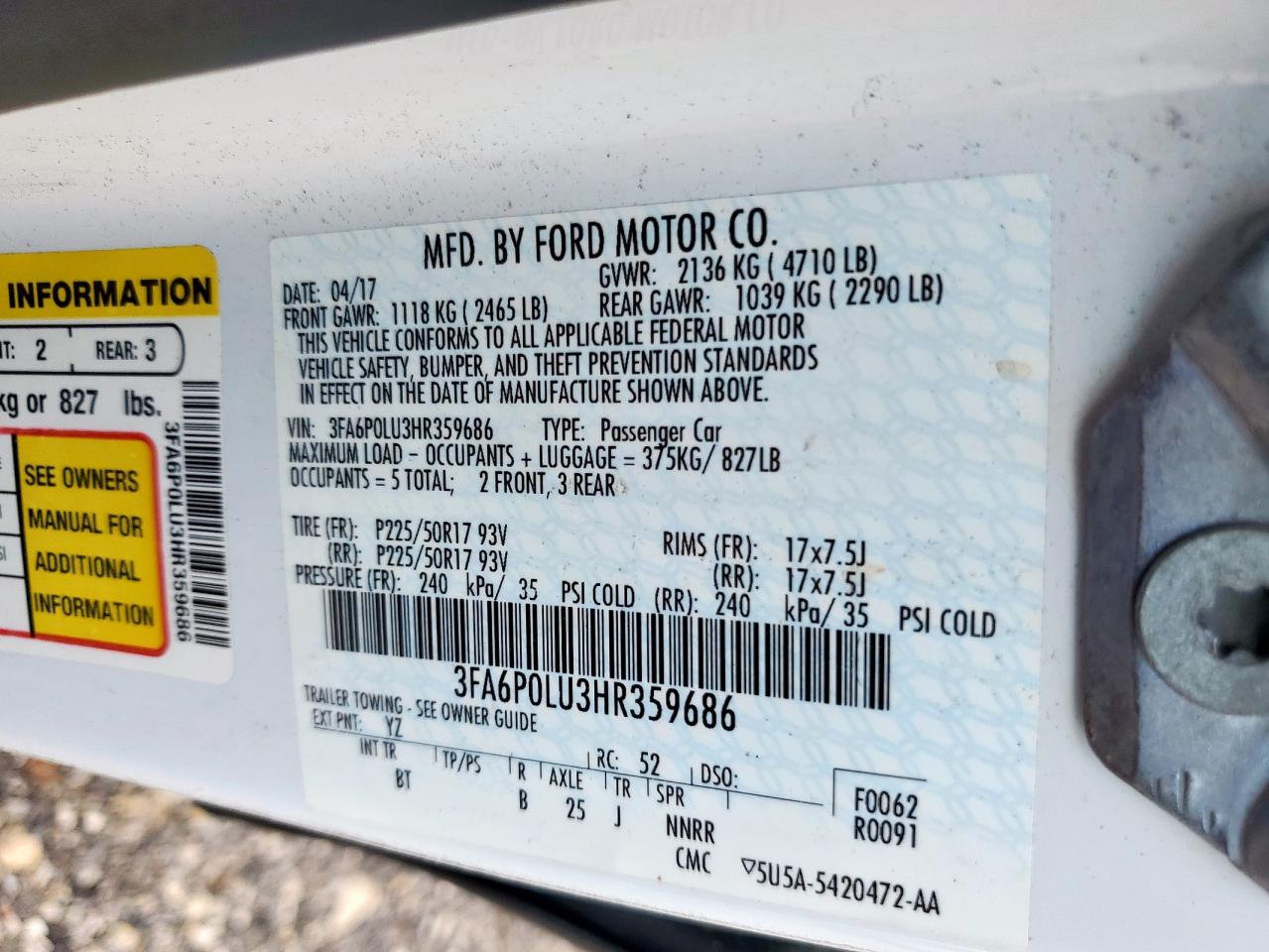 2017 Ford Fusion Se Hybrid VIN: 3FA6P0LU3HR359686 Lot: 54037695