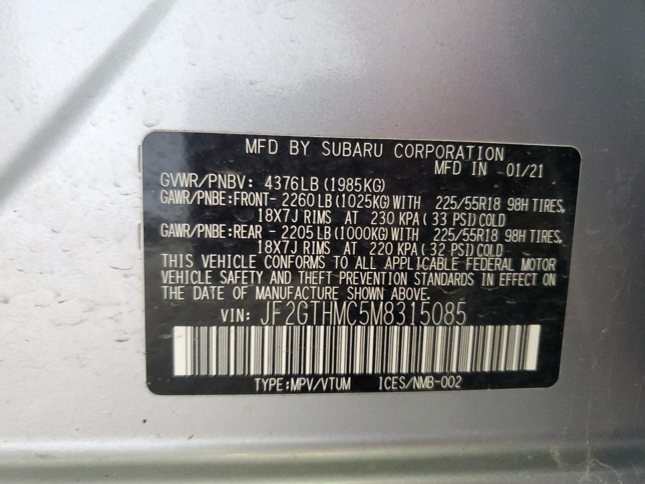 2021 Subaru Crosstrek Limited VIN: JF2GTHMC5M8315085 Lot: 56868095