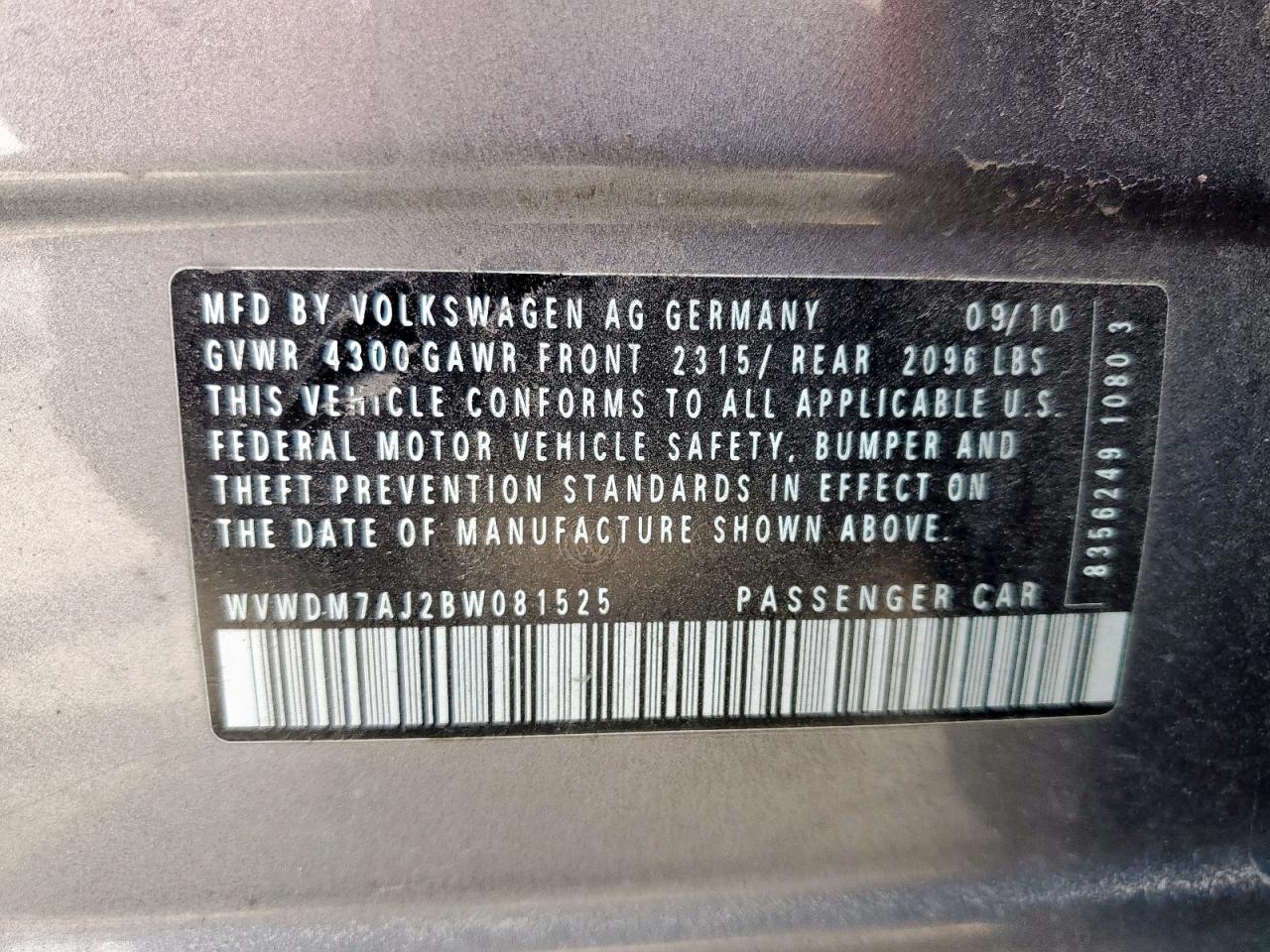 2011 Volkswagen Golf VIN: WVWDM7AJ2BW081525 Lot: 58238555
