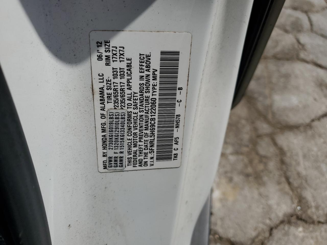 2012 Honda Odyssey Exl VIN: 5FNRL5H69CB122060 Lot: 56894575