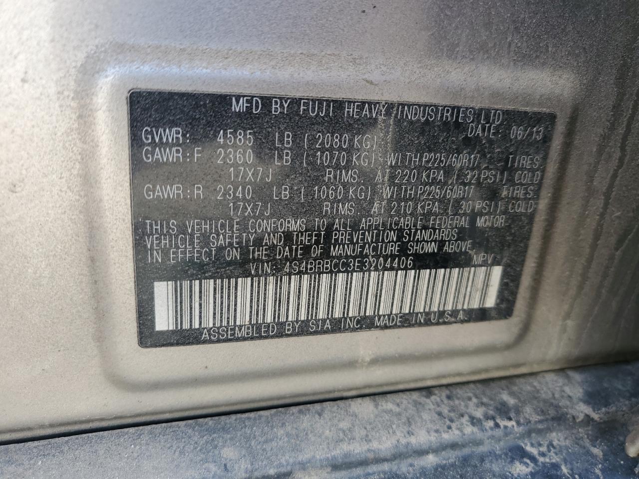 2014 Subaru Outback 2.5I Premium VIN: 4S4BRBCC3E3204406 Lot: 57487175