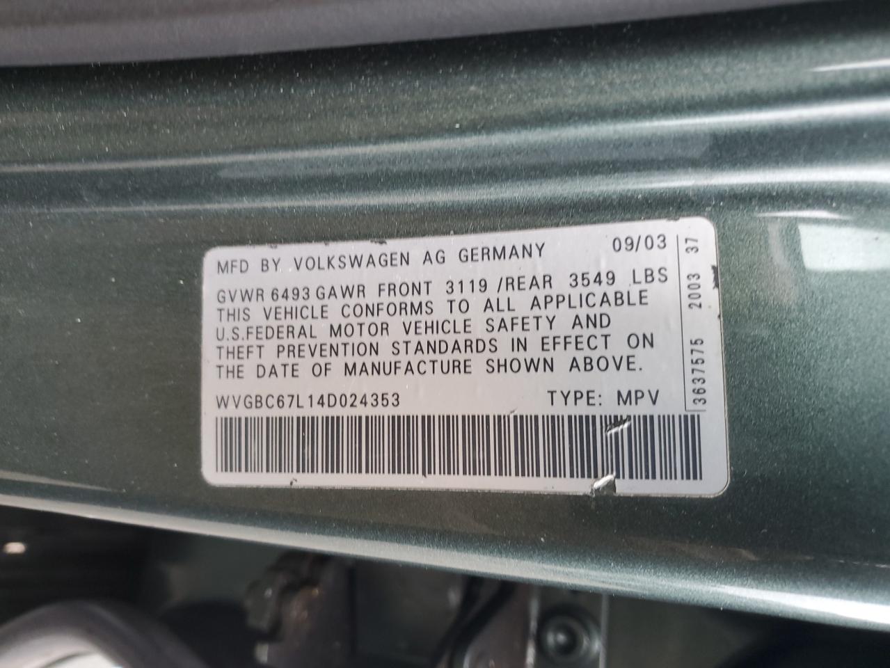 2004 Volkswagen Touareg 3.2 VIN: WVGBC67L14D024353 Lot: 57021865