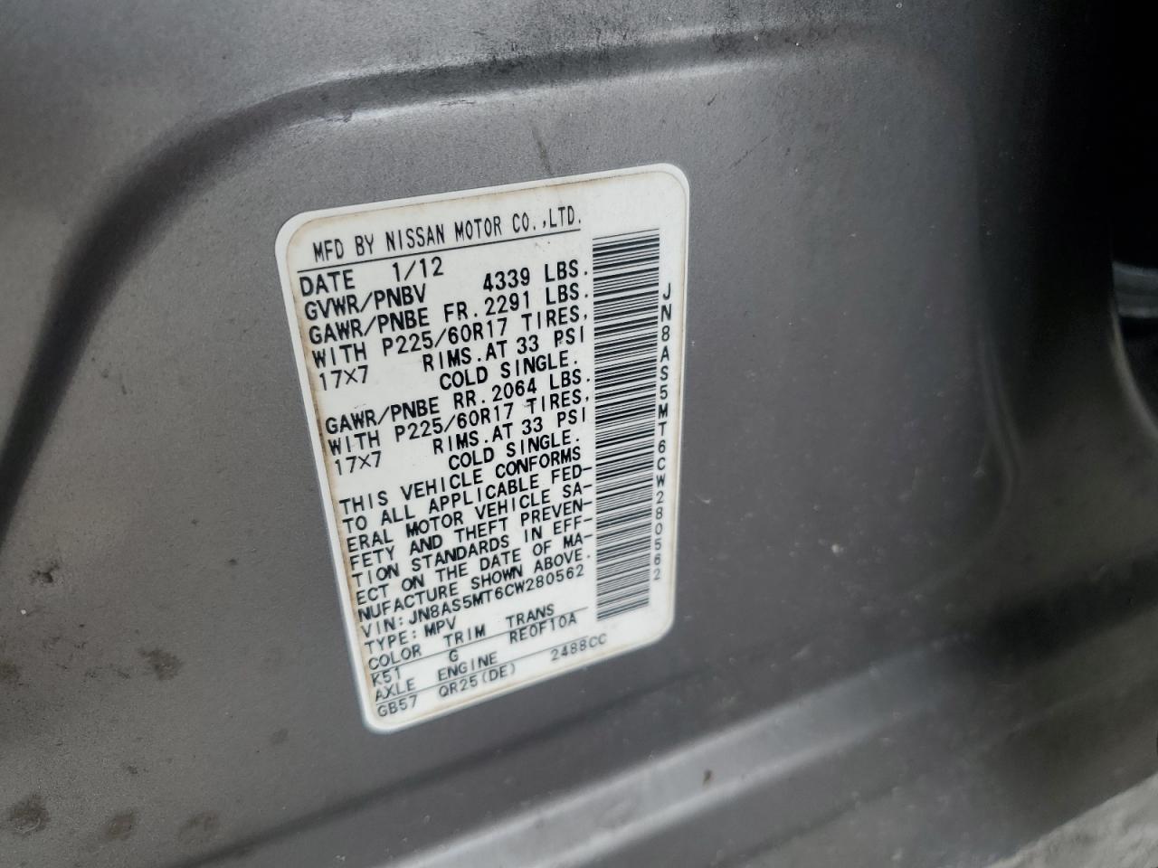 2012 Nissan Rogue S VIN: JN8AS5MT6CW280562 Lot: 56483485