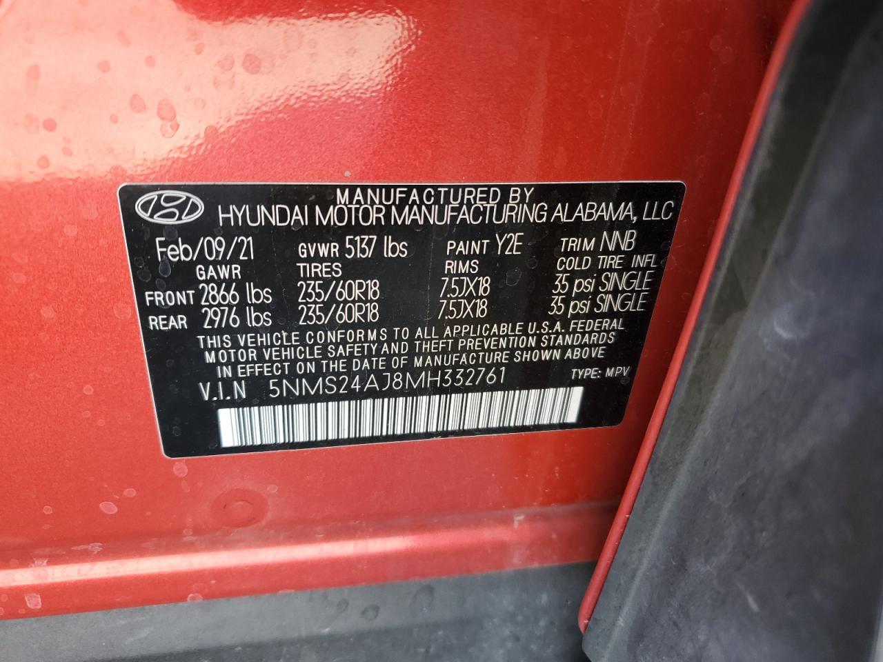 2021 Hyundai Santa Fe Sel VIN: 5NMS24AJ8MH332761 Lot: 56950795
