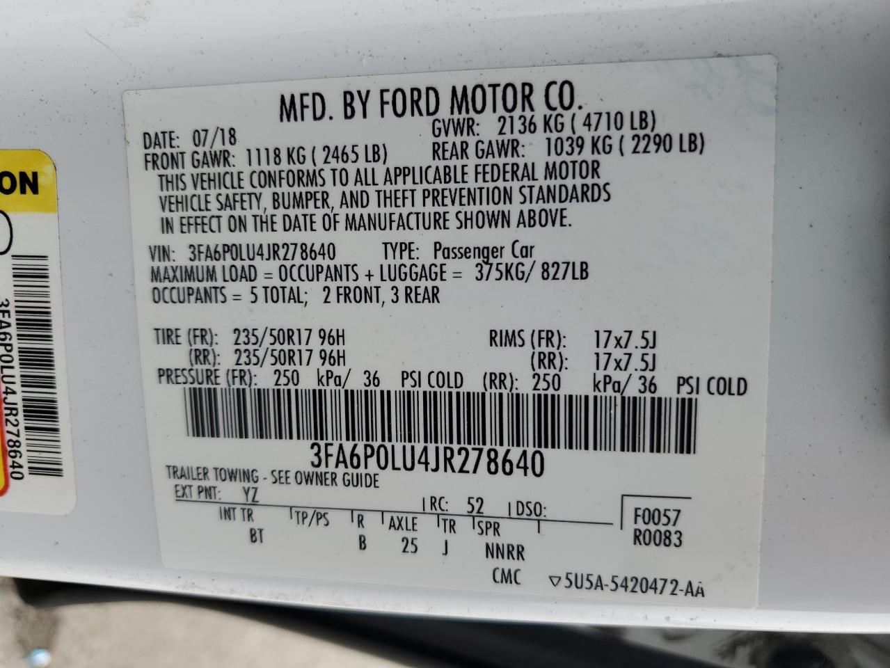 2018 Ford Fusion Se Hybrid VIN: 3FA6P0LU4JR278640 Lot: 54042585