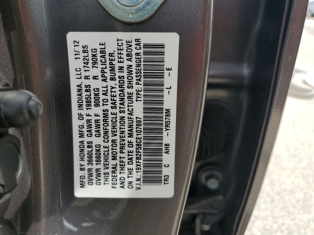 2012 Honda Civic Lx VIN: 19XFB2F58CE107697 Lot: 57160125