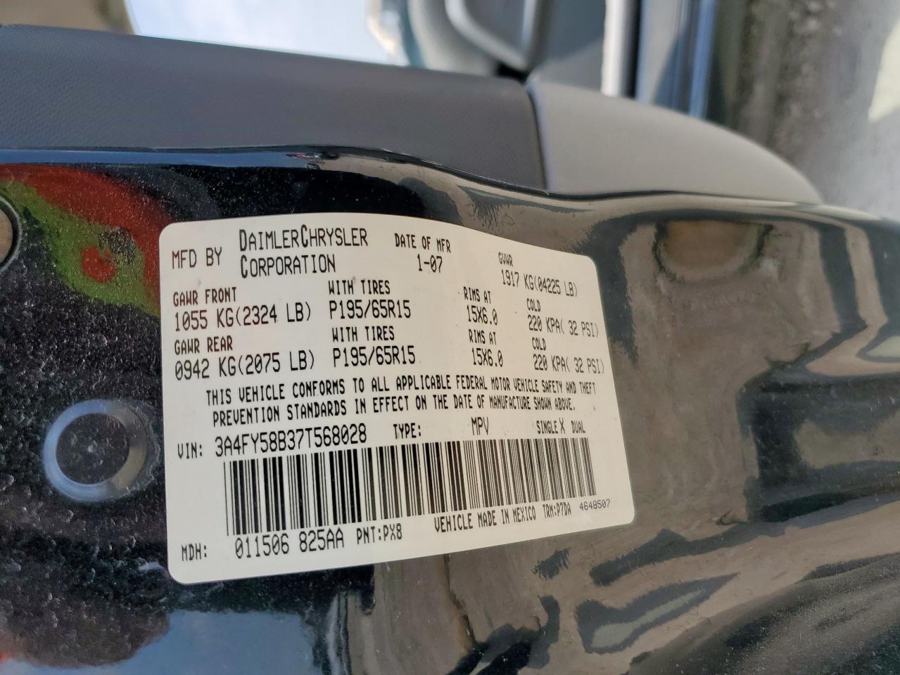 2007 Chrysler Pt Cruiser Touring VIN: 3A4FY58B37T568028 Lot: 56376365