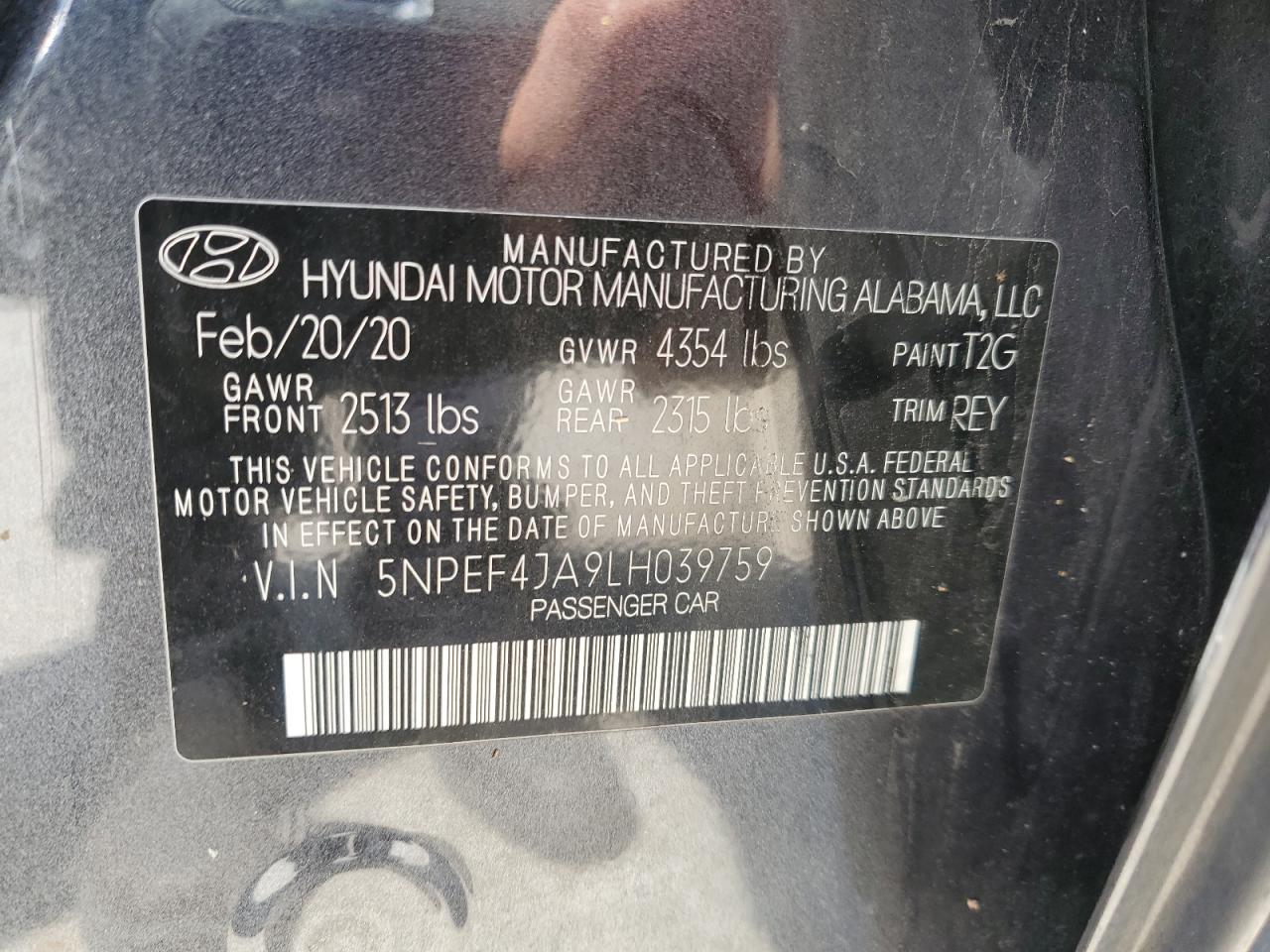 2020 Hyundai Sonata Sel VIN: 5NPEF4JA9LH039759 Lot: 55495195