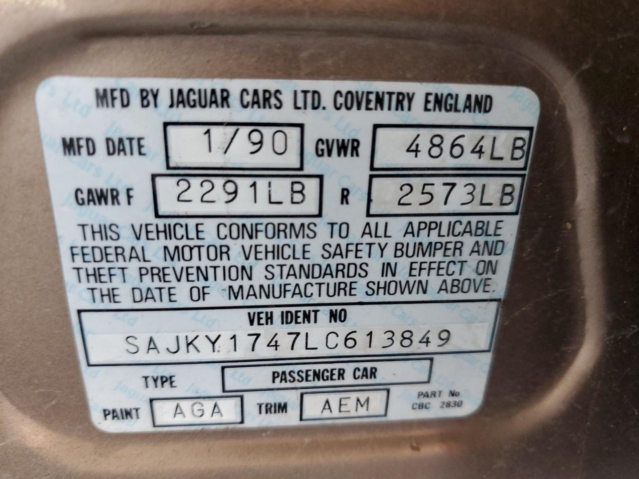 1990 Jaguar Vandenplas VIN: SAJKY1747LC613849 Lot: 58019455