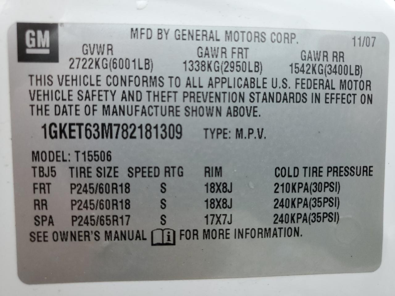 2008 GMC Envoy Denali VIN: 1GKET63M782181309 Lot: 55784655