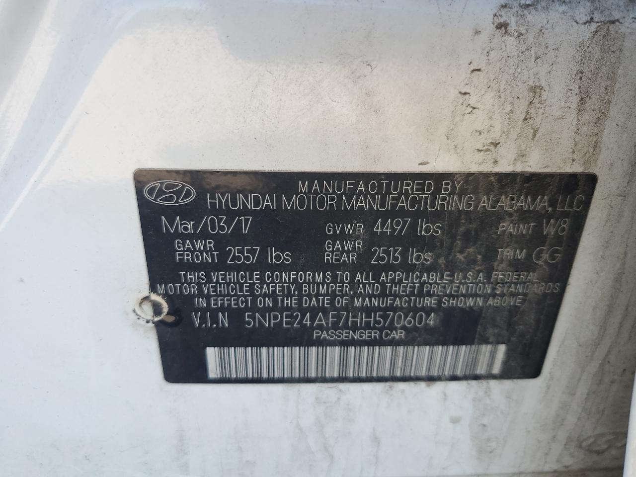 2017 Hyundai Sonata Se VIN: 5NPE24AF7HH570604 Lot: 58136655