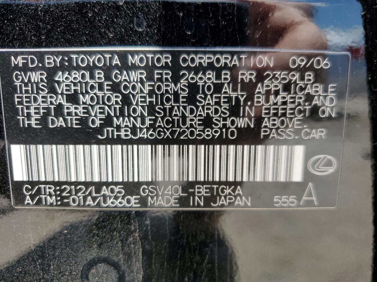 2007 Lexus Es 350 VIN: JTHBJ46GX72058910 Lot: 55775435