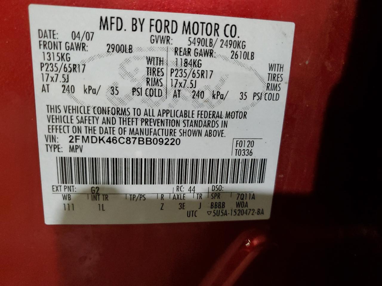 2007 Ford Edge Se VIN: 2FMDK46C87BB09220 Lot: 55967315