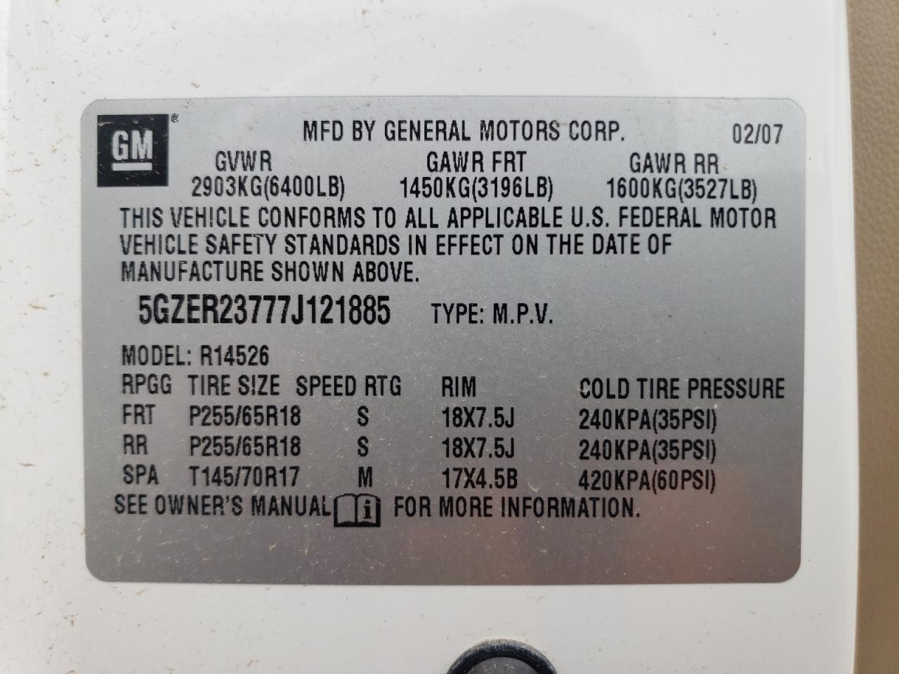 2007 Saturn Outlook Xr VIN: 5GZER23777J121885 Lot: 58338945