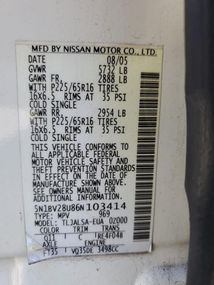 2006 Nissan Quest S VIN: 5N1BV28U86N103414 Lot: 56344695