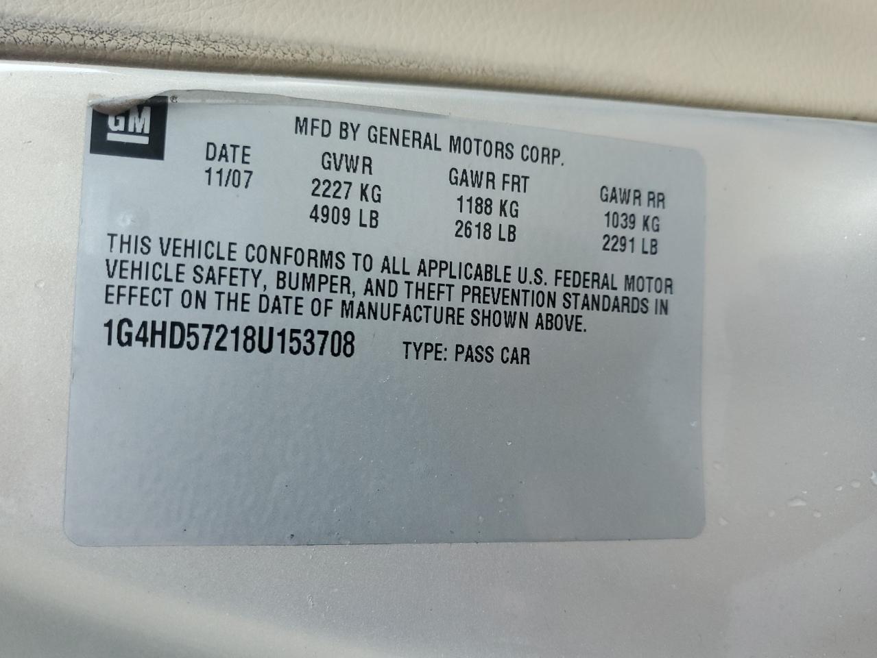 2008 Buick Lucerne Cxl VIN: 1G4HD57218U153708 Lot: 53953985