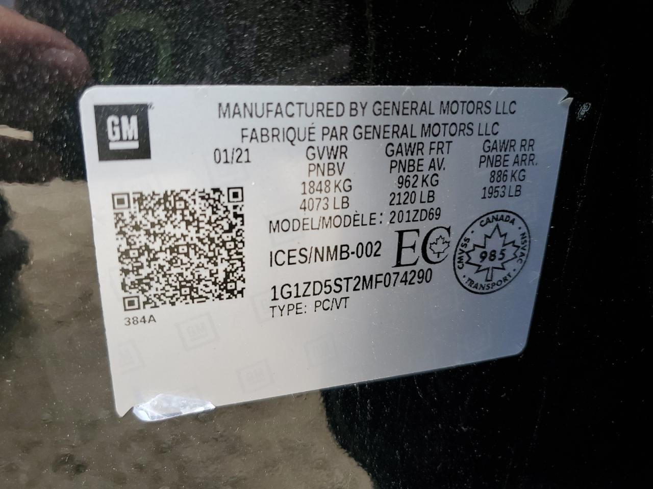 2021 Chevrolet Malibu Lt VIN: 1G1ZD5ST2MF074290 Lot: 56916635