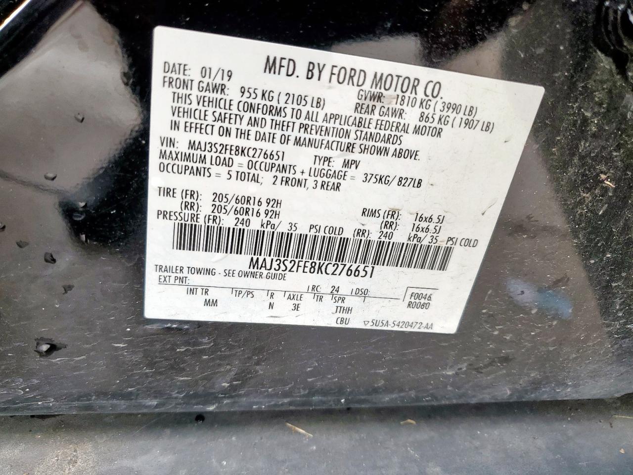 2019 Ford Ecosport S VIN: MAJ3S2FE8KC276651 Lot: 56516675