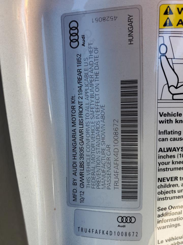 2013 Audi Tt Prestige VIN: TRU4FAFK4D1008672 Lot: 56404515
