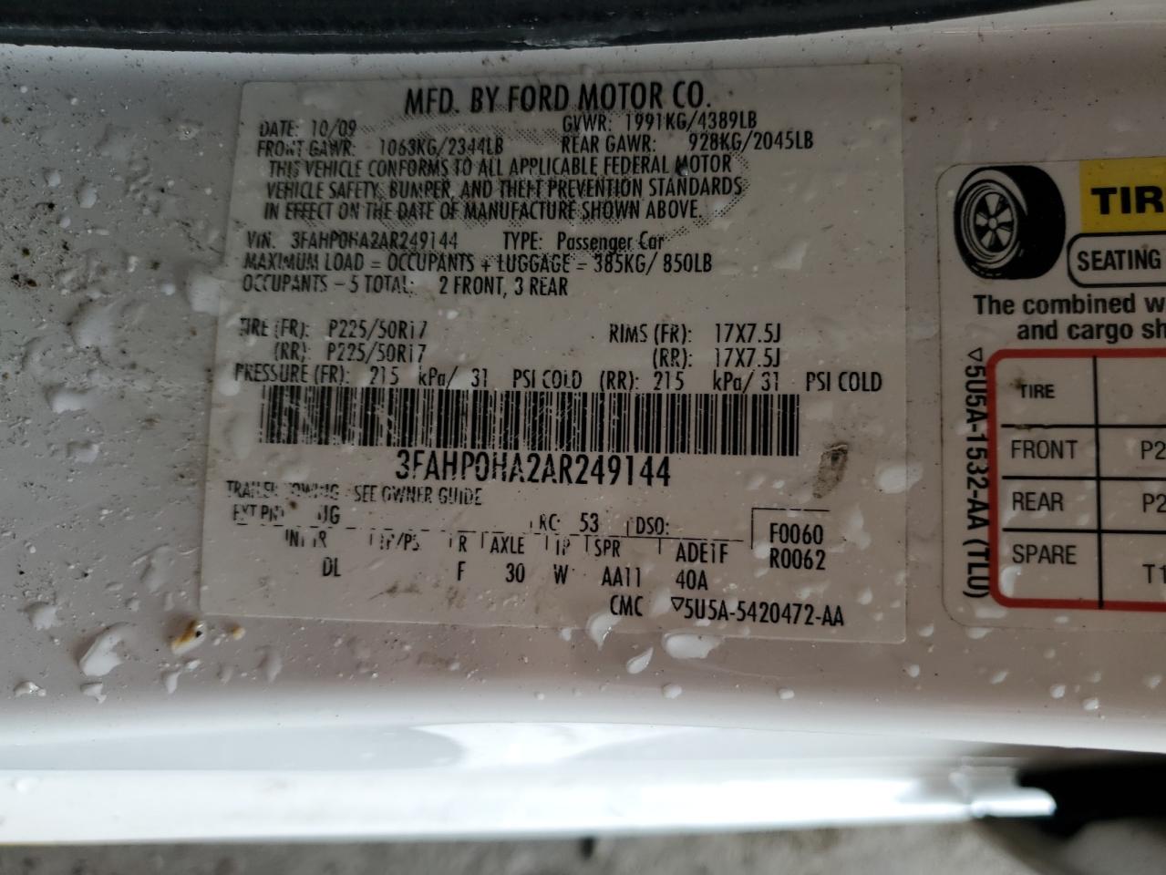 2010 Ford Fusion Se VIN: 3FAHP0HA2AR249144 Lot: 57020245