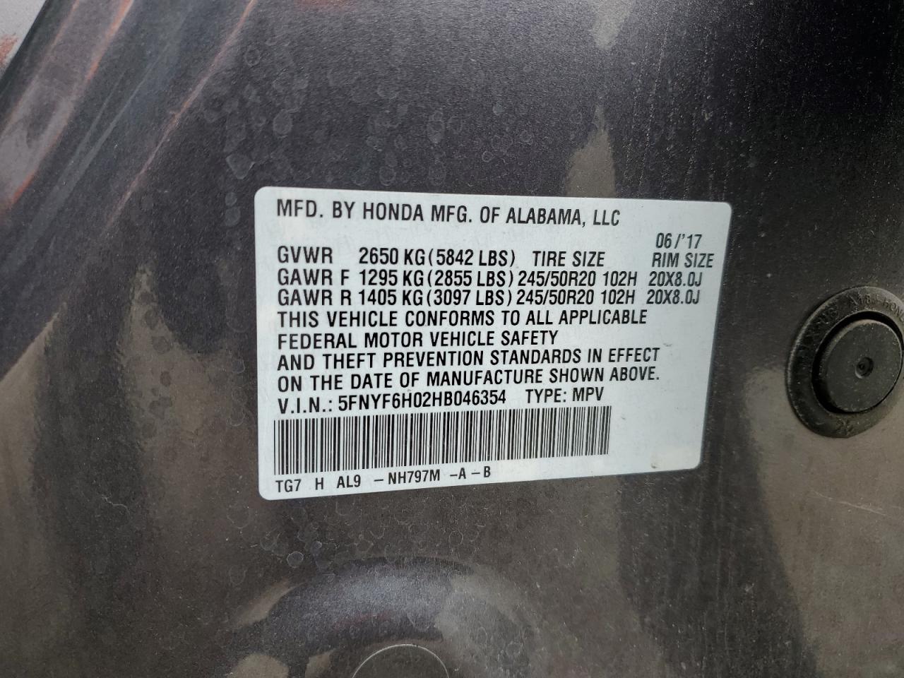 2017 Honda Pilot Elite VIN: 5FNYF6H02HB046354 Lot: 55761805