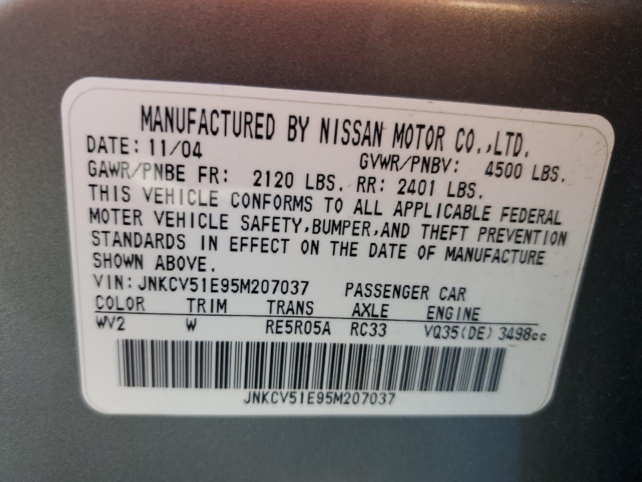 2005 Infiniti G35 VIN: JNKCV51E95M207037 Lot: 55903575