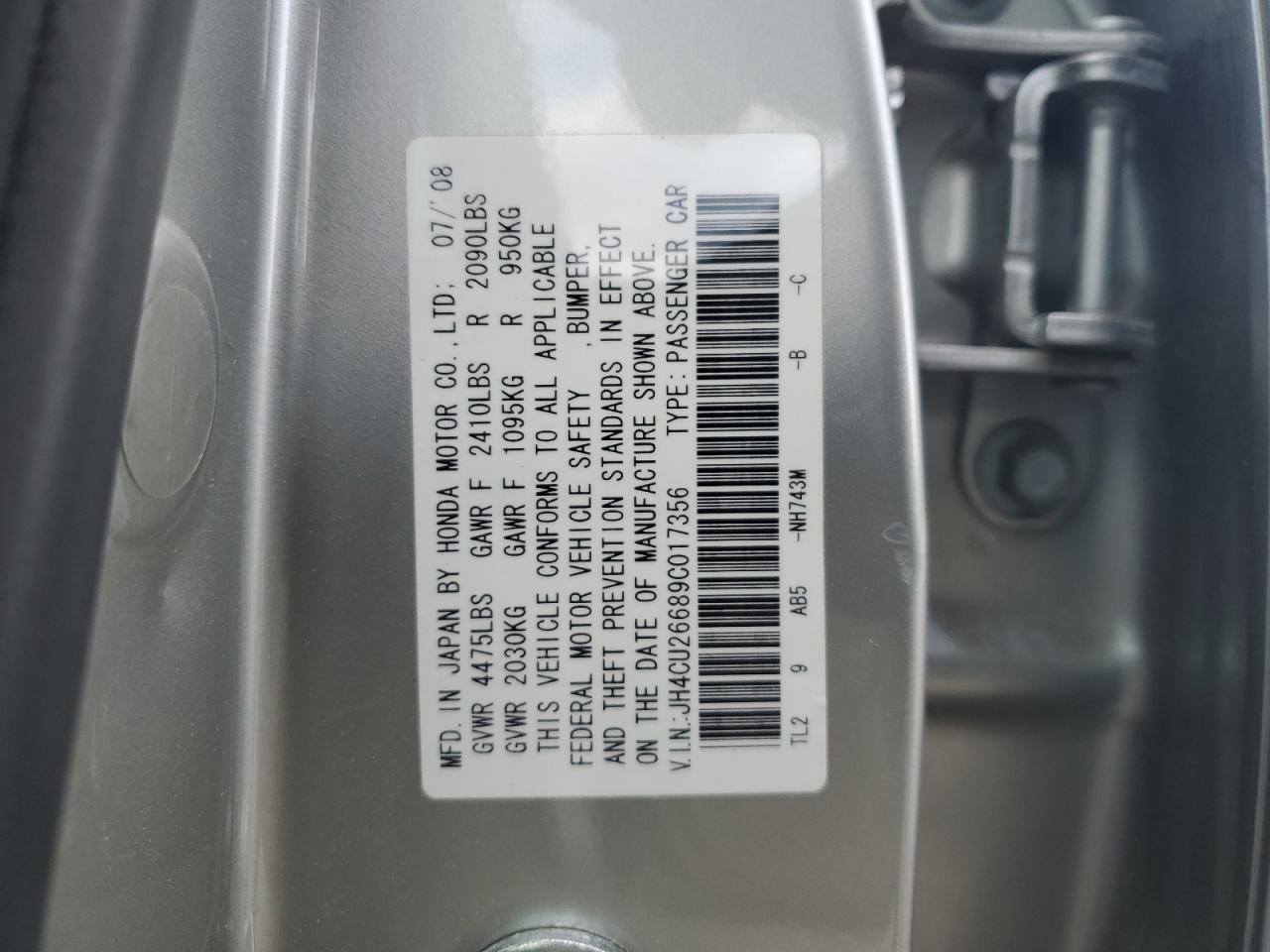 2009 Acura Tsx VIN: JH4CU26689C017356 Lot: 57186365