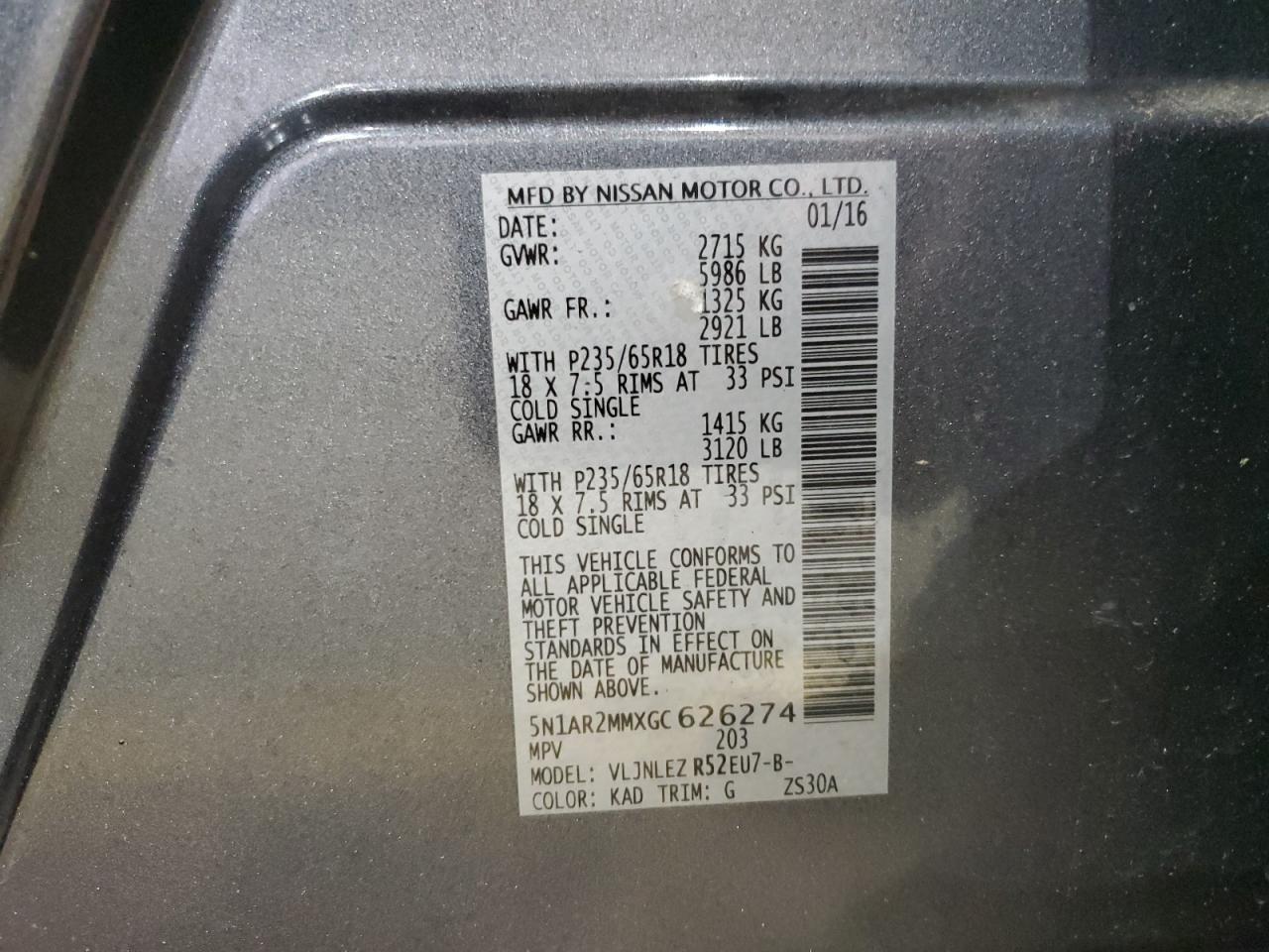 2016 Nissan Pathfinder S VIN: 5N1AR2MMXGC626274 Lot: 57121495