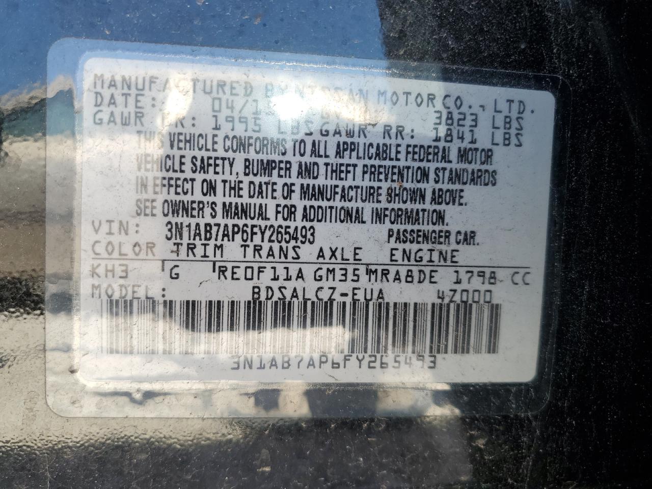 2015 Nissan Sentra S VIN: 3N1AB7AP6FY265493 Lot: 56965365