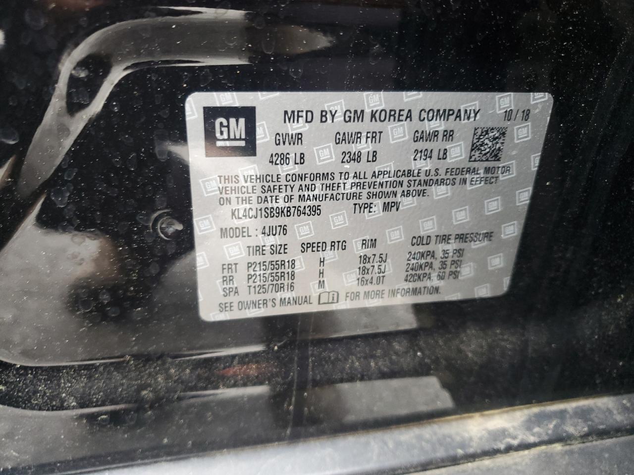 2019 Buick Encore Sport Touring VIN: KL4CJ1SB9KB764395 Lot: 58815575