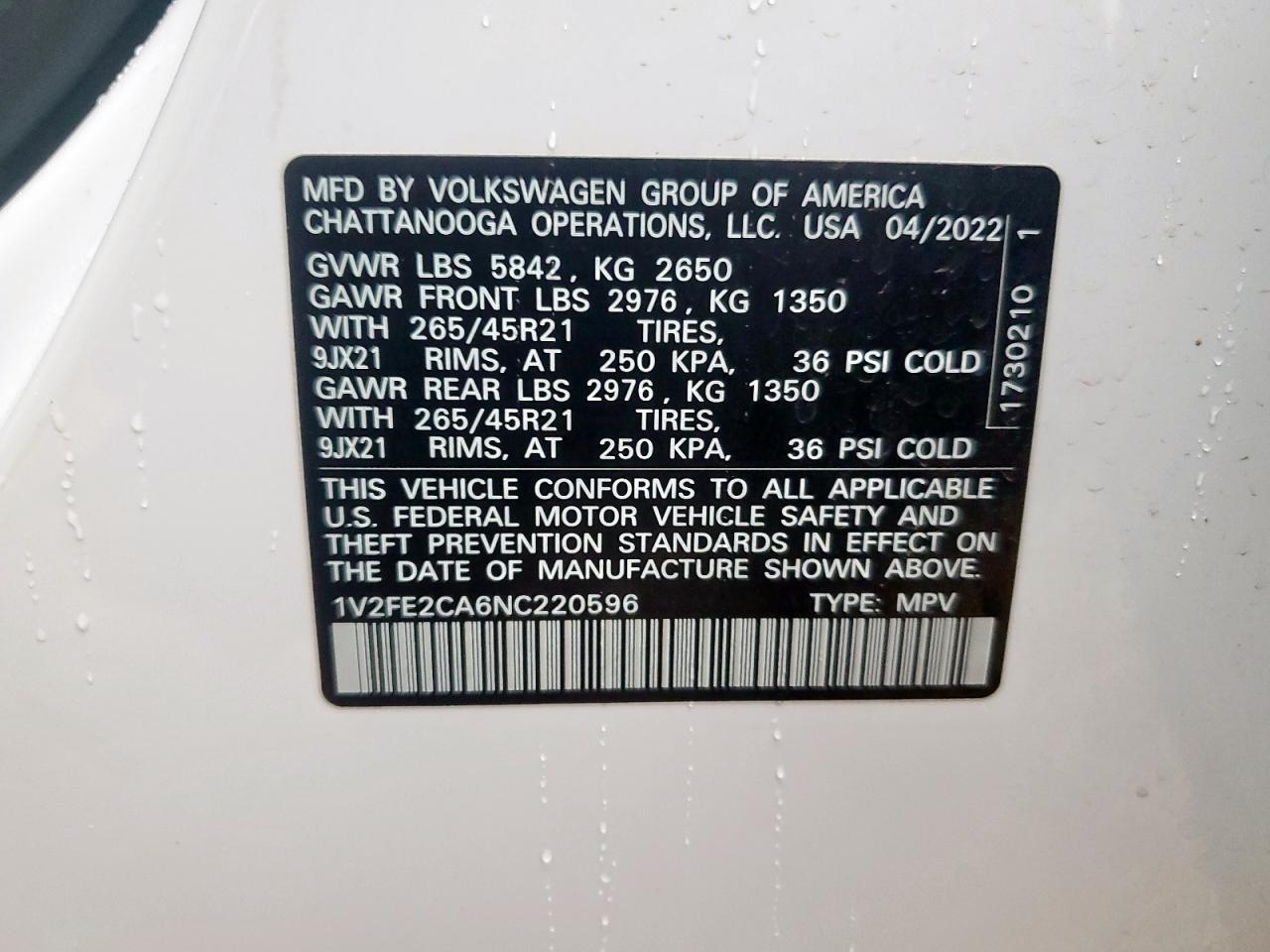 1v2fe2ca6nc220596 1V2FE2CA6NC220596 2022 Volkswagen Atlas Cross Sport Sel Premium R-Line