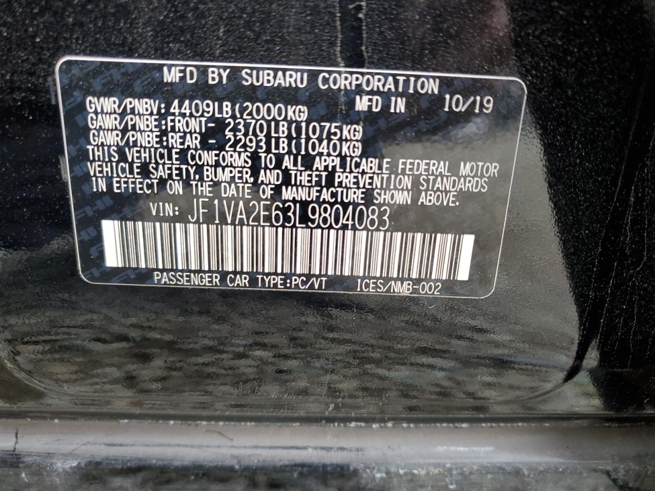 2020 Subaru Wrx Sti VIN: JF1VA2E63L9804083 Lot: 55861585